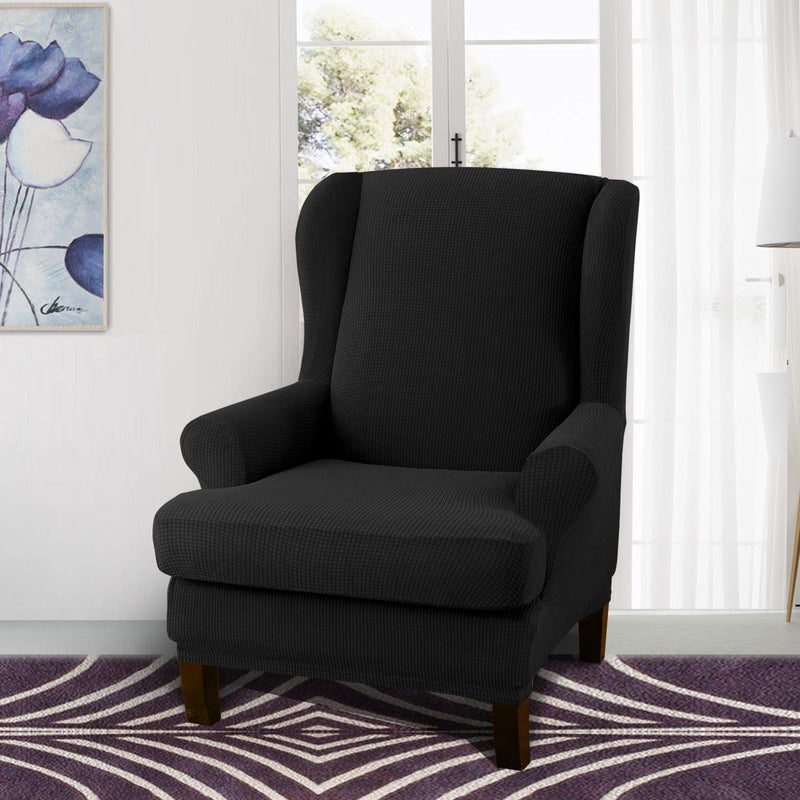 Granbest Premium Water Repellent Wingback Chair Cover 2-Piece High Stretch Jacquard Fabric Wing Back Chair Slipcovers (Wing Chair Cover, Black) - Image 2